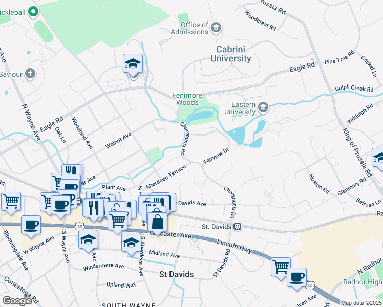 map of restaurants, bars, coffee shops, grocery stores, and more near 309 Chamounix Road in Saint Davids