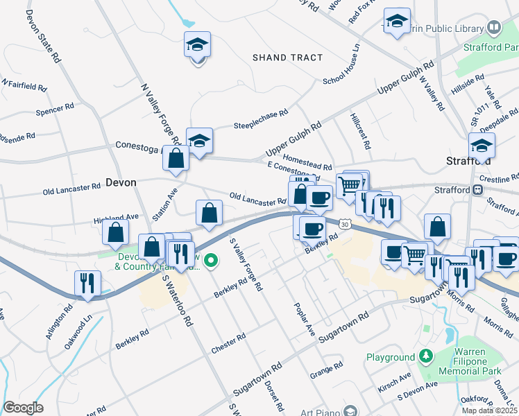 map of restaurants, bars, coffee shops, grocery stores, and more near 21 West Lancaster Avenue in Devon