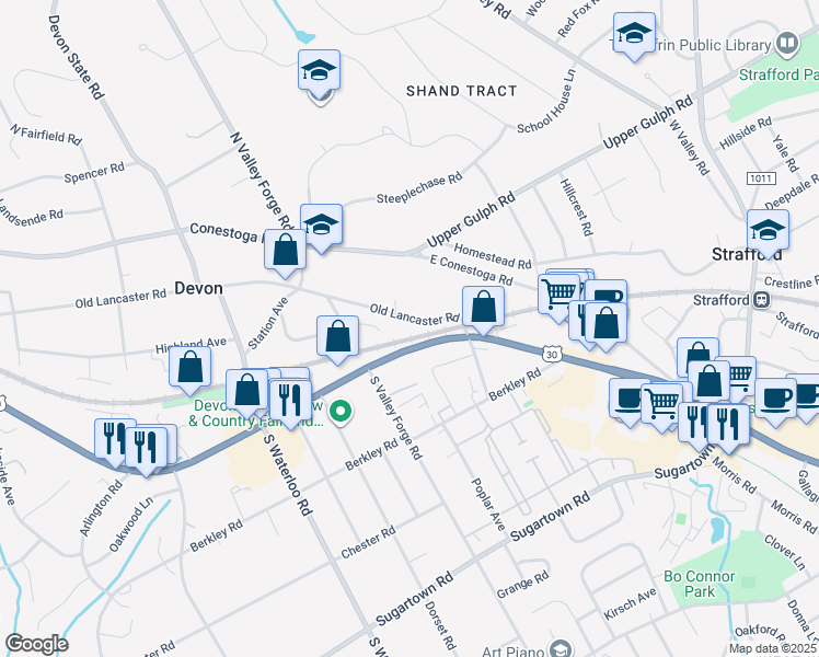 map of restaurants, bars, coffee shops, grocery stores, and more near 21 West Lancaster Avenue in Devon