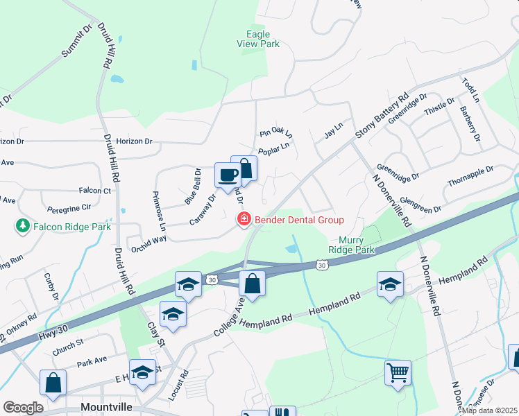 map of restaurants, bars, coffee shops, grocery stores, and more near 11 Beechtree Lane in Mountville