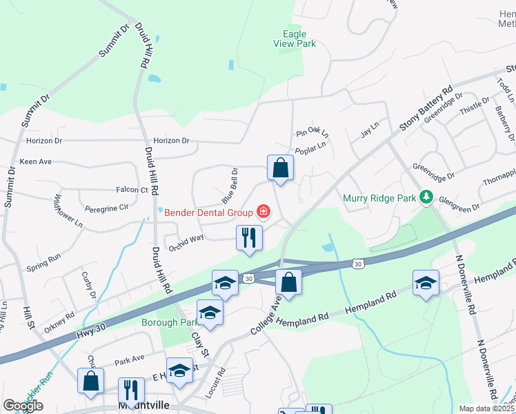 map of restaurants, bars, coffee shops, grocery stores, and more near 315 Primrose Lane in Mountville