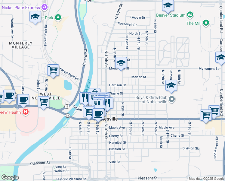 map of restaurants, bars, coffee shops, grocery stores, and more near 306 North 11th Street in Noblesville