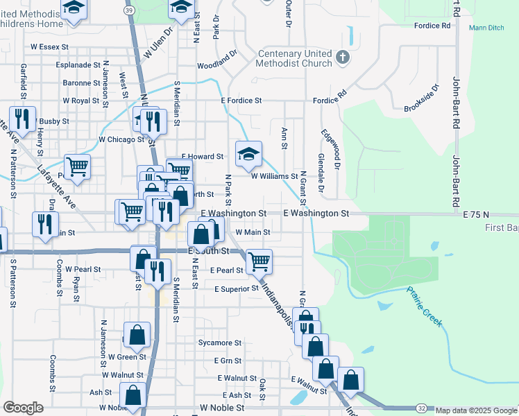 map of restaurants, bars, coffee shops, grocery stores, and more near 527 East Washington Street in Lebanon