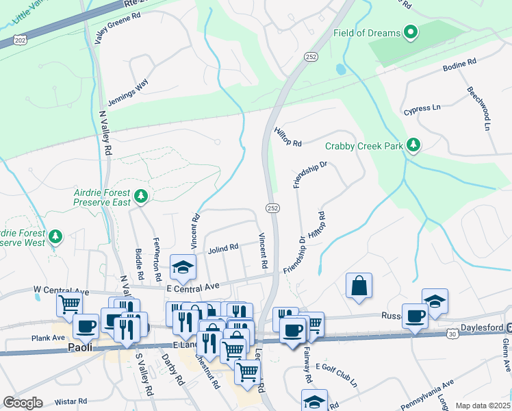 map of restaurants, bars, coffee shops, grocery stores, and more near 207 Vincent Road in Paoli