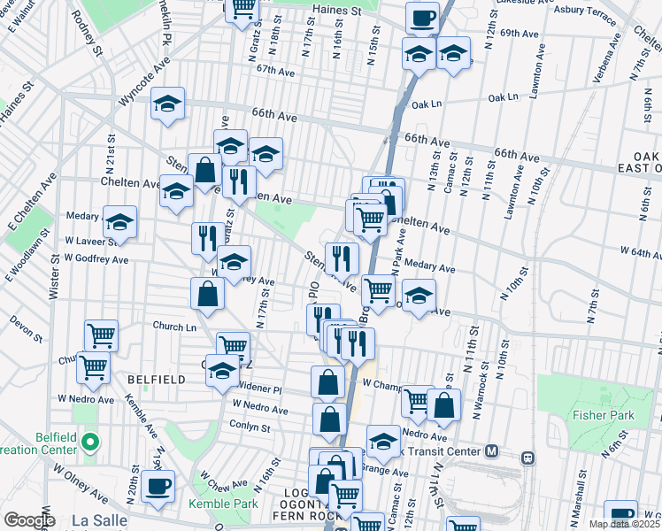 map of restaurants, bars, coffee shops, grocery stores, and more near 6231 Old York Road in Philadelphia