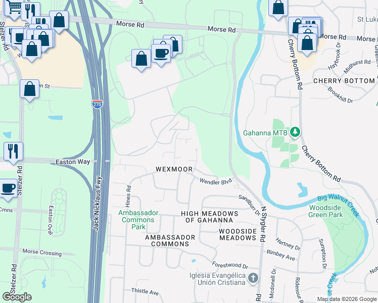 map of restaurants, bars, coffee shops, grocery stores, and more near 3607 Ringling Lane in Columbus