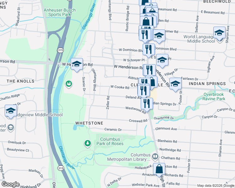 map of restaurants, bars, coffee shops, grocery stores, and more near 116 Deland Avenue in Columbus