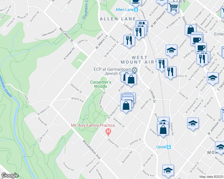 map of restaurants, bars, coffee shops, grocery stores, and more near 630 Glen Echo Road in Philadelphia