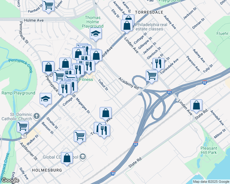 map of restaurants, bars, coffee shops, grocery stores, and more near 4540 Aberdale Road in Philadelphia