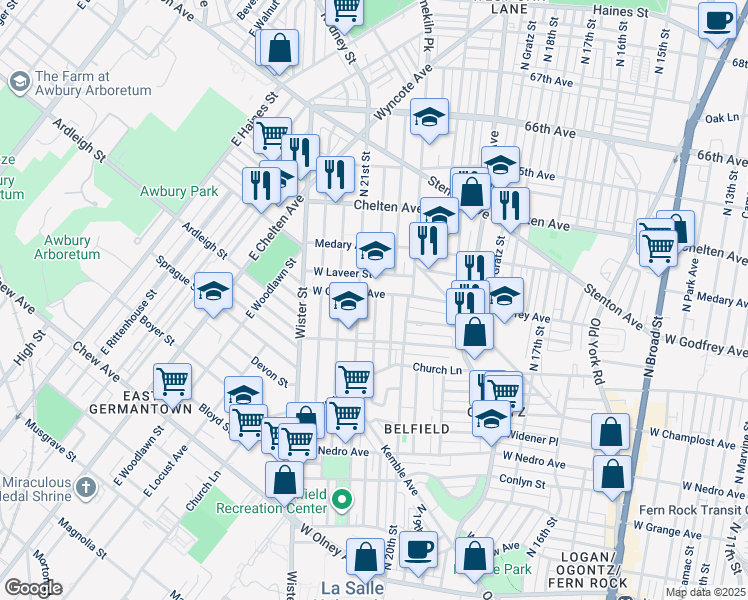 map of restaurants, bars, coffee shops, grocery stores, and more near 2036 West Godfrey Avenue in Philadelphia