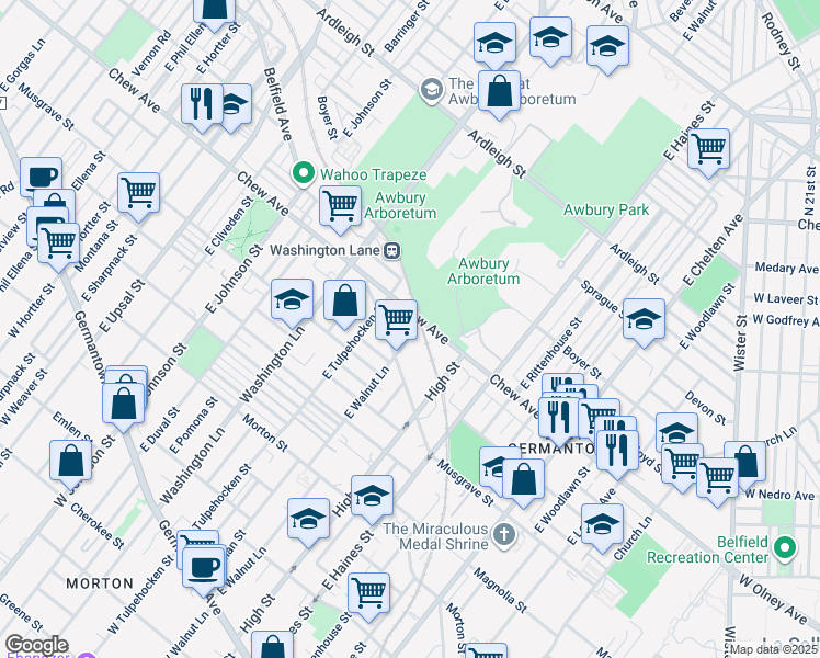 map of restaurants, bars, coffee shops, grocery stores, and more near 553 East Walnut Lane in Philadelphia