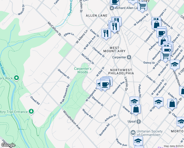 map of restaurants, bars, coffee shops, grocery stores, and more near 630 Glen Echo Road in Philadelphia