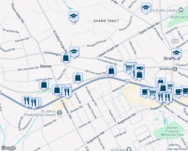 map of restaurants, bars, coffee shops, grocery stores, and more near 21 West Lancaster Avenue in Devon