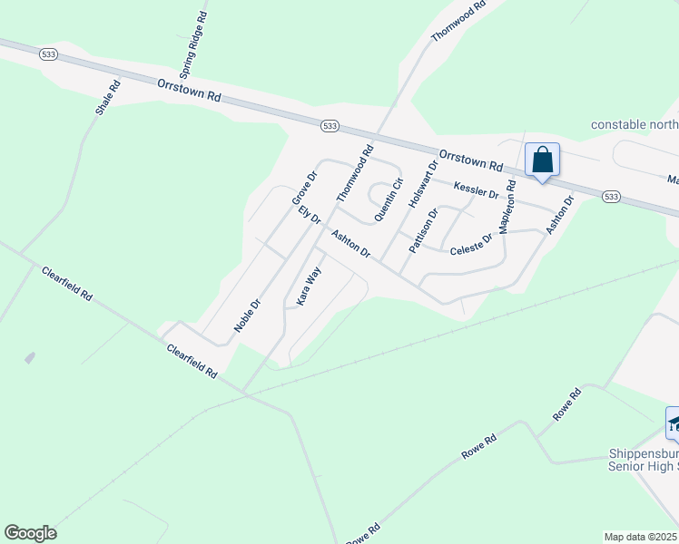 map of restaurants, bars, coffee shops, grocery stores, and more near 108 Central Way in Shippensburg