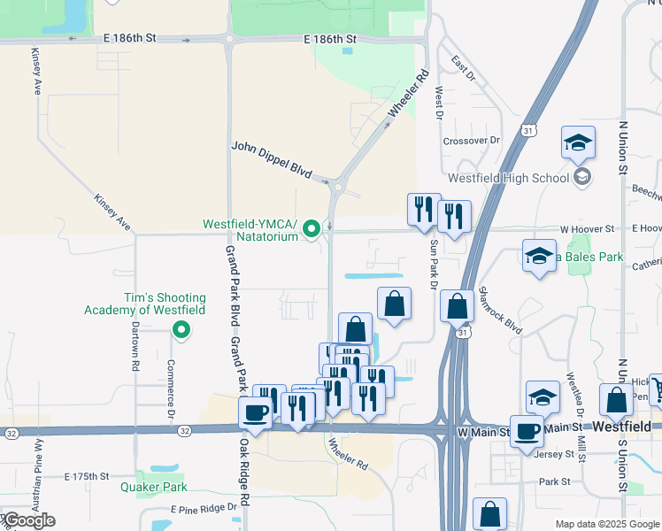 map of restaurants, bars, coffee shops, grocery stores, and more near Wheeler Road in Westfield