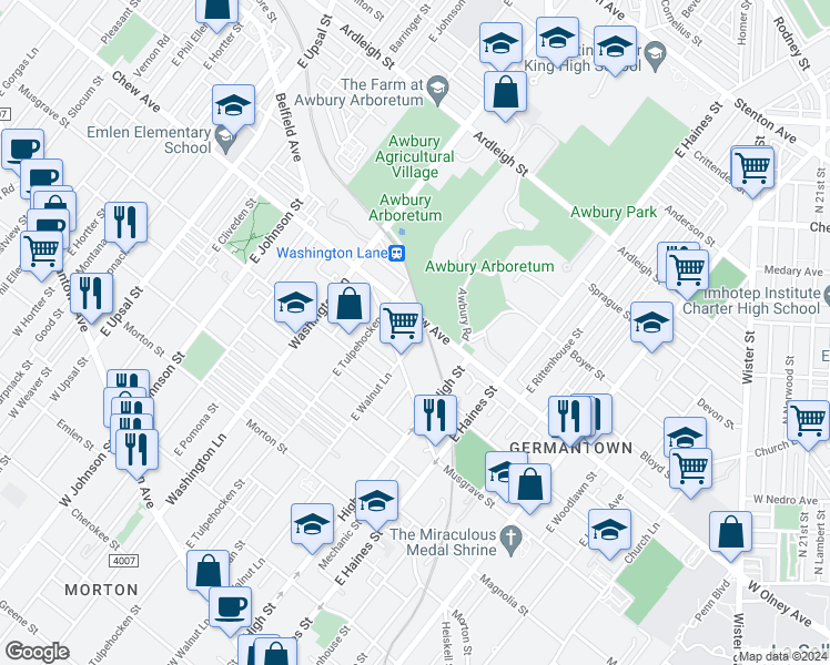 map of restaurants, bars, coffee shops, grocery stores, and more near 553 East Walnut Lane in Philadelphia