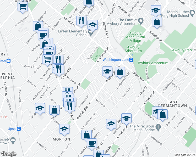 map of restaurants, bars, coffee shops, grocery stores, and more near 6339 Homer Street in Philadelphia