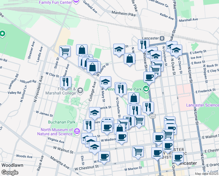 map of restaurants, bars, coffee shops, grocery stores, and more near 415 Harrisburg Pike in Lancaster