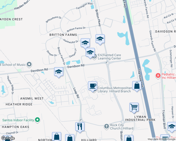 map of restaurants, bars, coffee shops, grocery stores, and more near 4549 Davidson Road in Hilliard