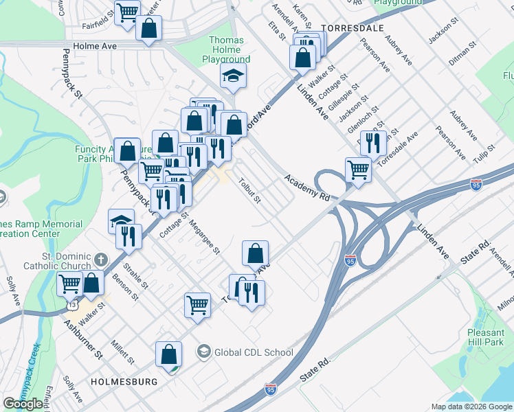map of restaurants, bars, coffee shops, grocery stores, and more near 4518 Tolbut St in Philadelphia