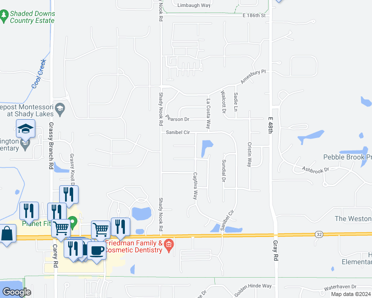 map of restaurants, bars, coffee shops, grocery stores, and more near 4211 Dunedin Court in Noblesville