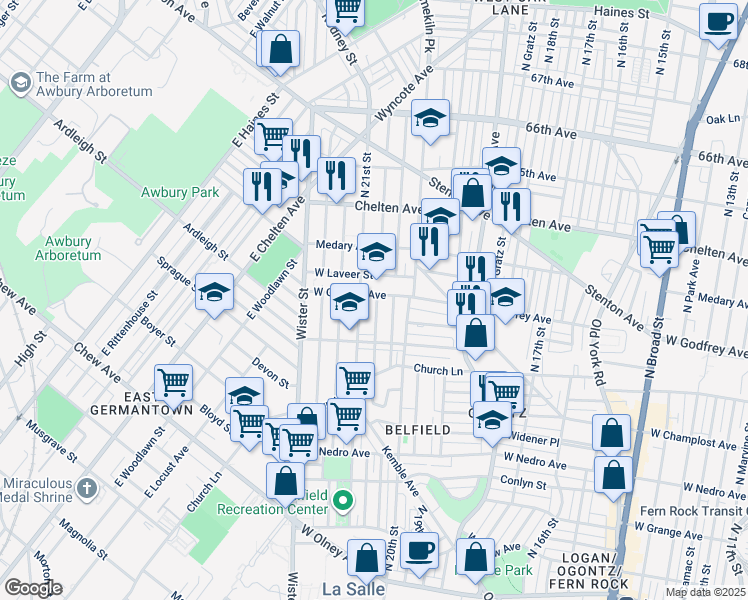 map of restaurants, bars, coffee shops, grocery stores, and more near 2038 West Godfrey Avenue in Philadelphia