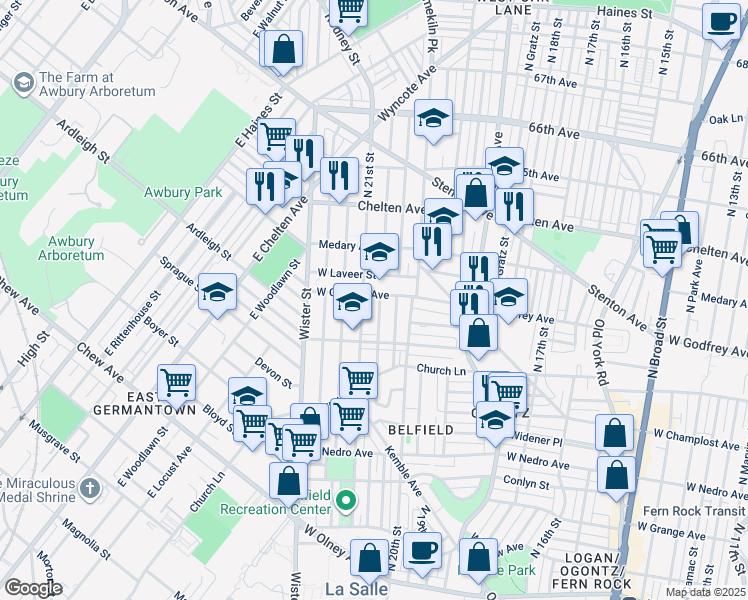 map of restaurants, bars, coffee shops, grocery stores, and more near 2042 West Godfrey Avenue in Philadelphia