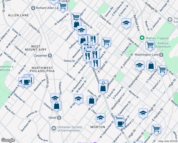 map of restaurants, bars, coffee shops, grocery stores, and more near 19 West Sharpnack Street in Philadelphia