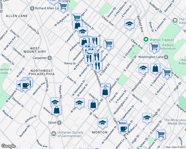map of restaurants, bars, coffee shops, grocery stores, and more near 20 West Sharpnack Street in Philadelphia