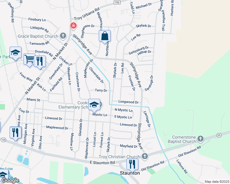 map of restaurants, bars, coffee shops, grocery stores, and more near 999 Skylark Drive in Troy
