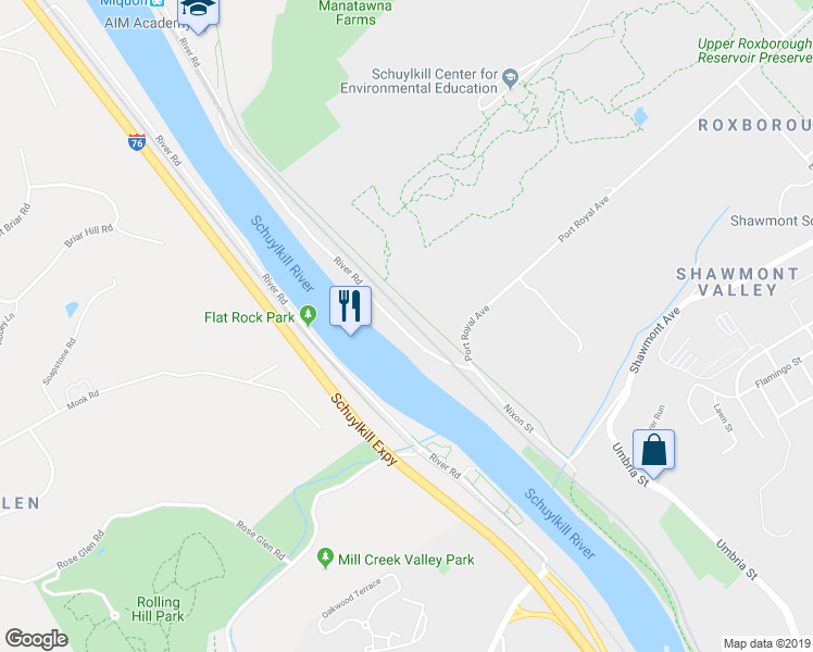 map of restaurants, bars, coffee shops, grocery stores, and more near 3 1/2 River Road in Philadelphia