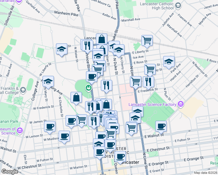 map of restaurants, bars, coffee shops, grocery stores, and more near 631 North Christian Street in Lancaster