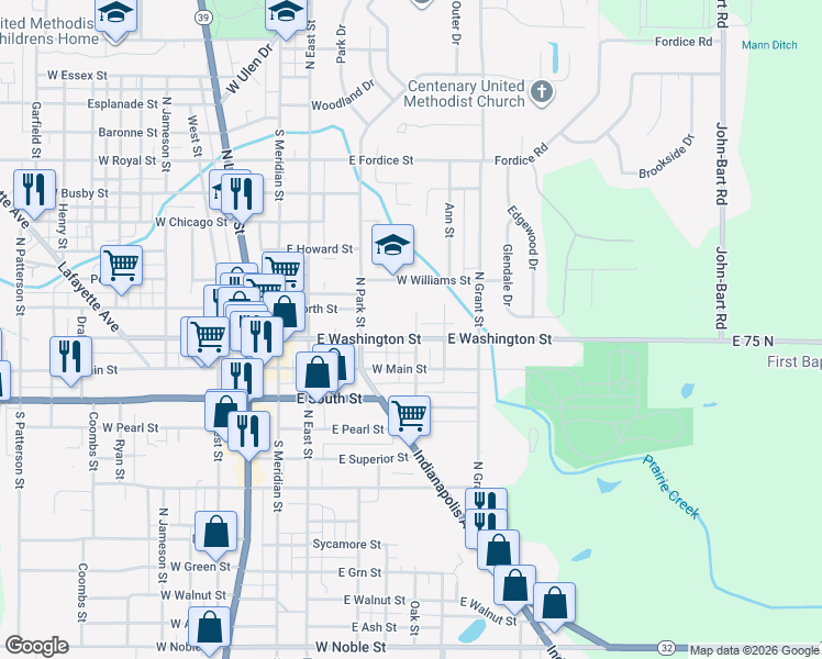 map of restaurants, bars, coffee shops, grocery stores, and more near 527 East Washington Street in Lebanon
