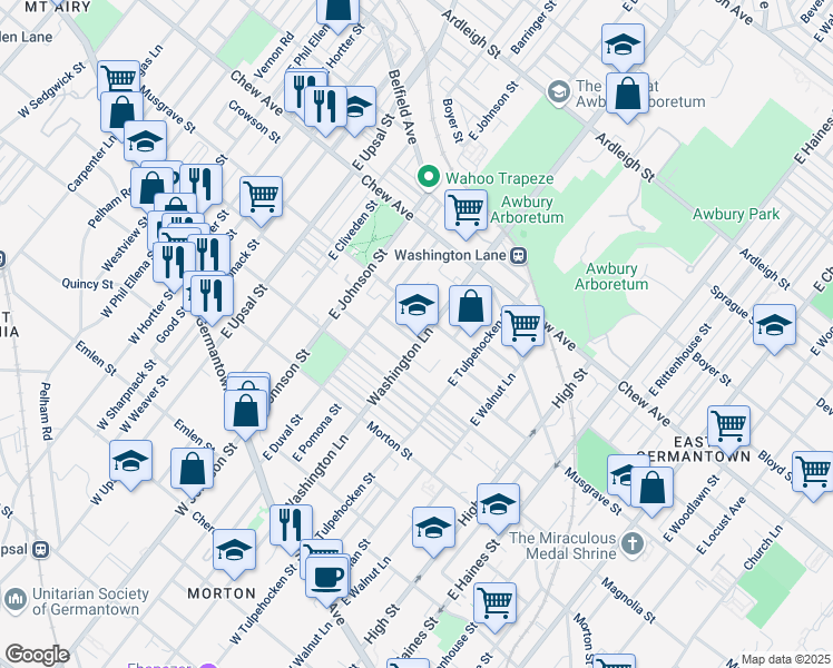 map of restaurants, bars, coffee shops, grocery stores, and more near 439 East Washington Lane in Philadelphia