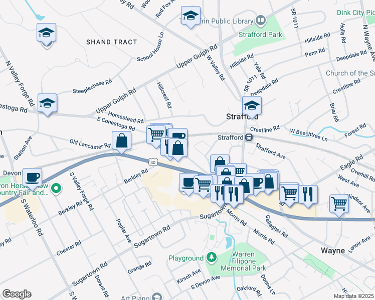 map of restaurants, bars, coffee shops, grocery stores, and more near 301 East Conestoga Road in Wayne