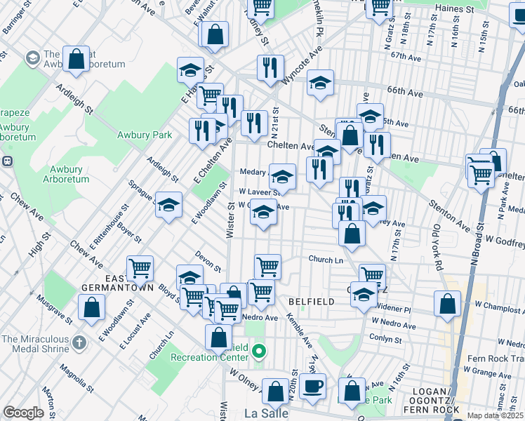 map of restaurants, bars, coffee shops, grocery stores, and more near 2114 West Godfrey Avenue in Philadelphia
