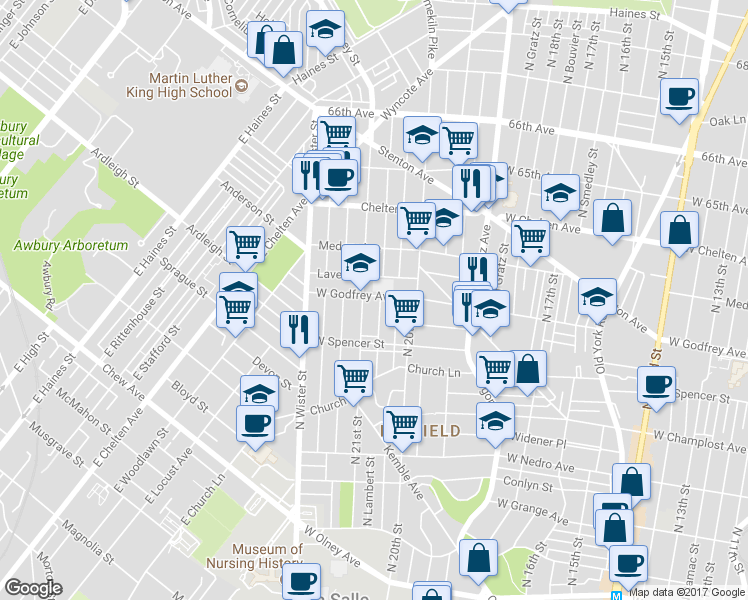 map of restaurants, bars, coffee shops, grocery stores, and more near 2040 West Godfrey Avenue in Philadelphia