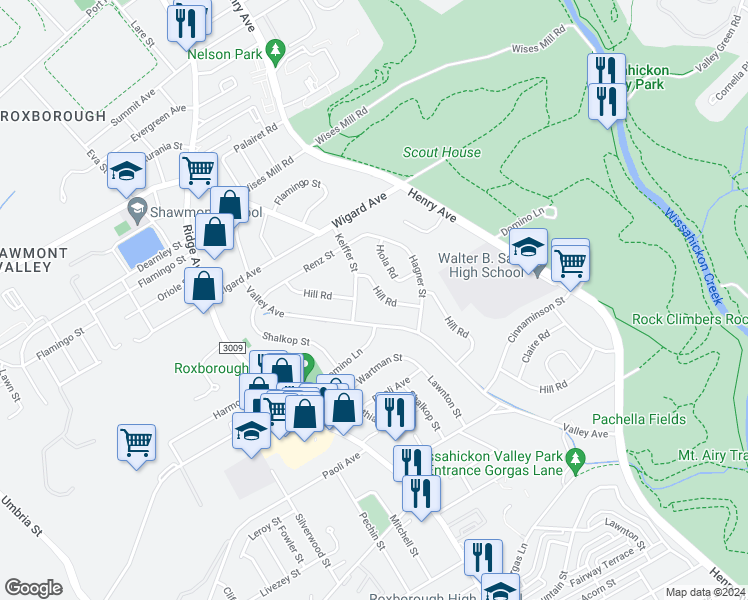 map of restaurants, bars, coffee shops, grocery stores, and more near 7330 Hill Road in Philadelphia