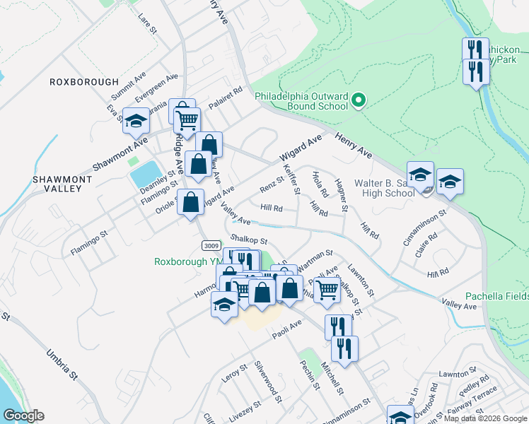 map of restaurants, bars, coffee shops, grocery stores, and more near 7339 Valley Avenue in Philadelphia