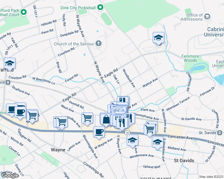 map of restaurants, bars, coffee shops, grocery stores, and more near 311 North Wayne Avenue in Wayne