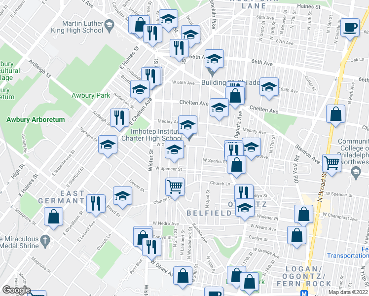 map of restaurants, bars, coffee shops, grocery stores, and more near 2044 West Godfrey Avenue in Philadelphia