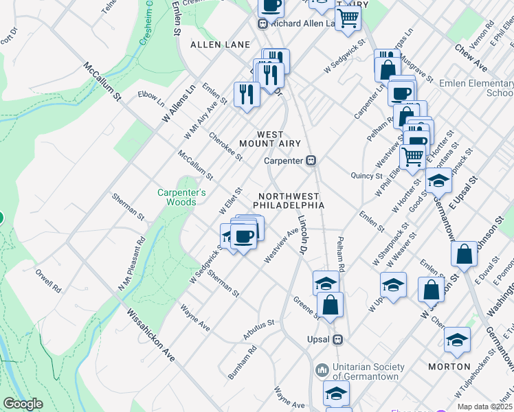 map of restaurants, bars, coffee shops, grocery stores, and more near 6977 McCallum Street in Philadelphia