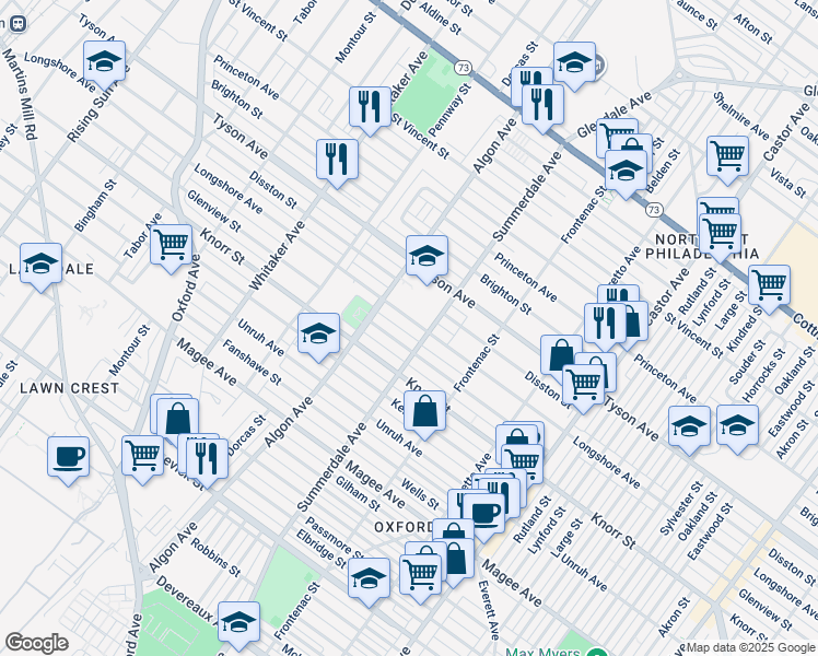 map of restaurants, bars, coffee shops, grocery stores, and more near 1130 Longshore Avenue in Philadelphia