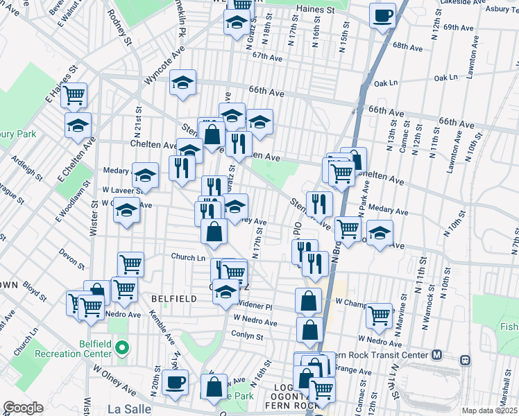 map of restaurants, bars, coffee shops, grocery stores, and more near 6222 North 17th Street in Philadelphia