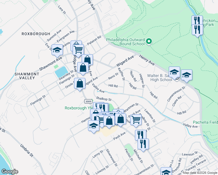 map of restaurants, bars, coffee shops, grocery stores, and more near 7339 Valley Avenue in Philadelphia