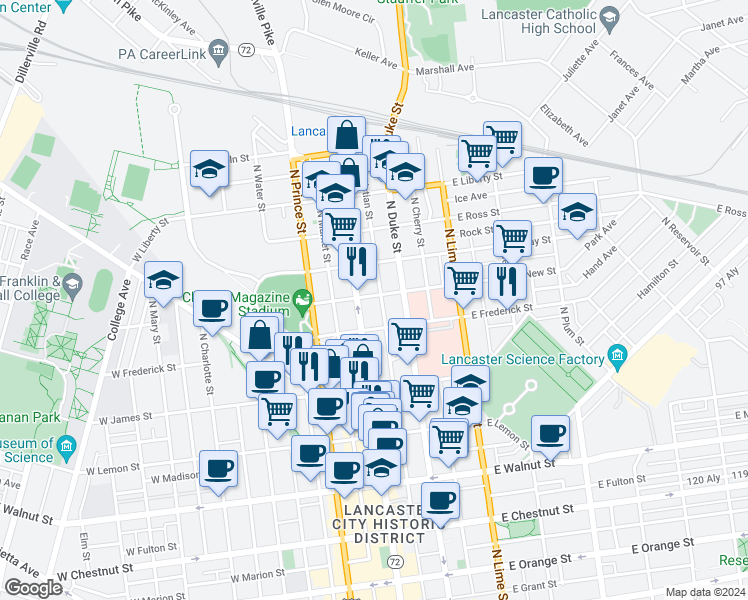 map of restaurants, bars, coffee shops, grocery stores, and more near 18 East New Street in Lancaster