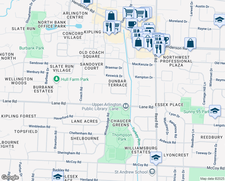 map of restaurants, bars, coffee shops, grocery stores, and more near 4540 Bellrose Lane in Columbus
