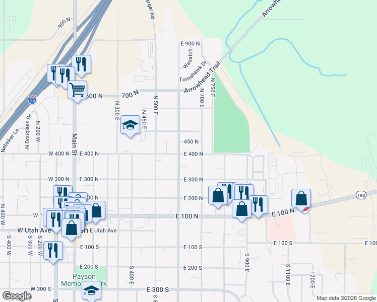 map of restaurants, bars, coffee shops, grocery stores, and more near 643 East 400 North in Payson