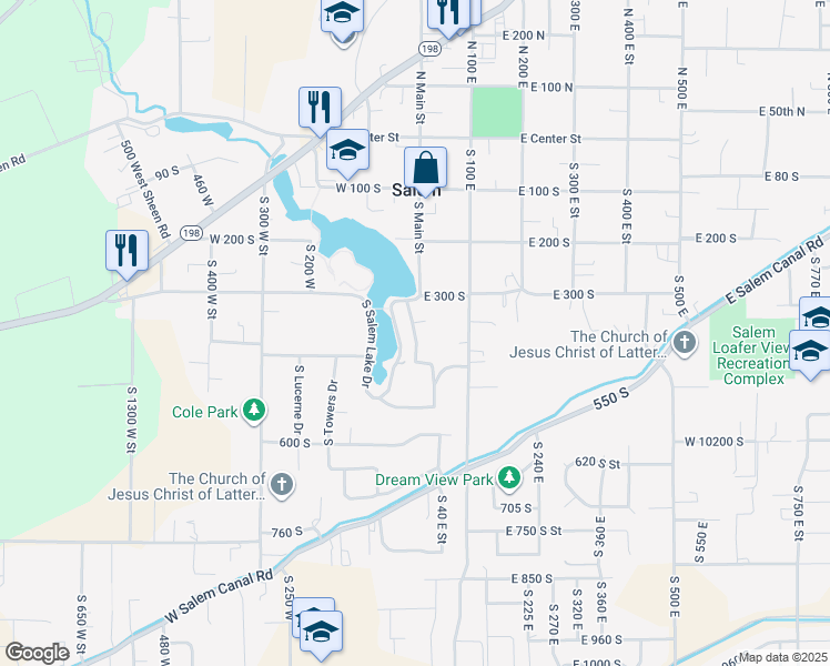 map of restaurants, bars, coffee shops, grocery stores, and more near 390 South Chrisman Drive in Salem
