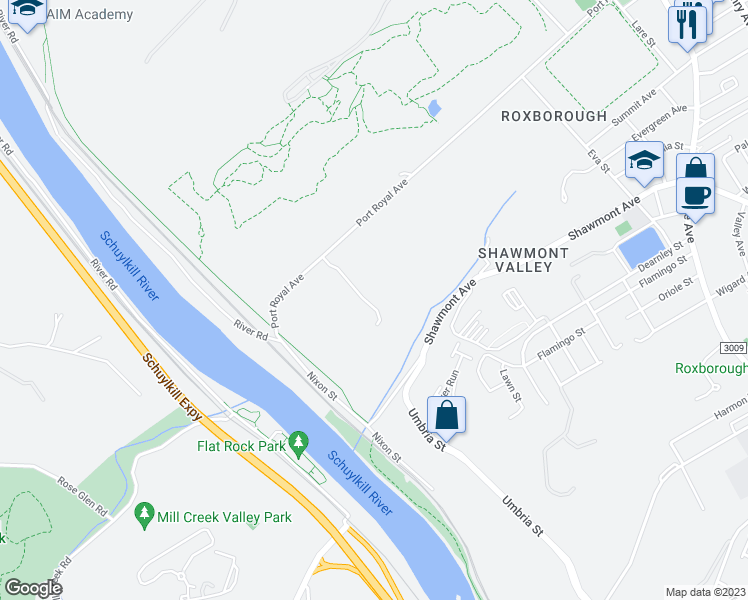 map of restaurants, bars, coffee shops, grocery stores, and more near 16 Shawmont Avenue in Philadelphia